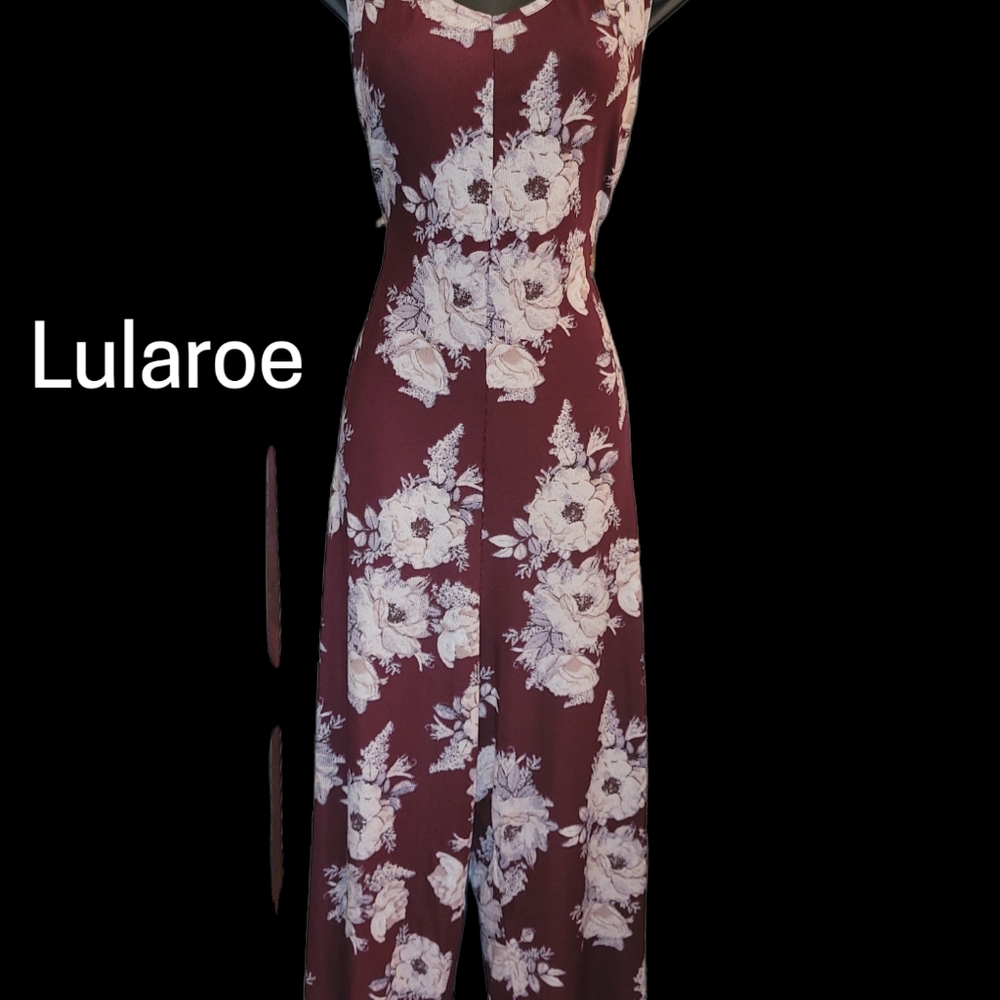 LuLaRoe Burgundy and Cream Floral Sleeveless Jumpsuit